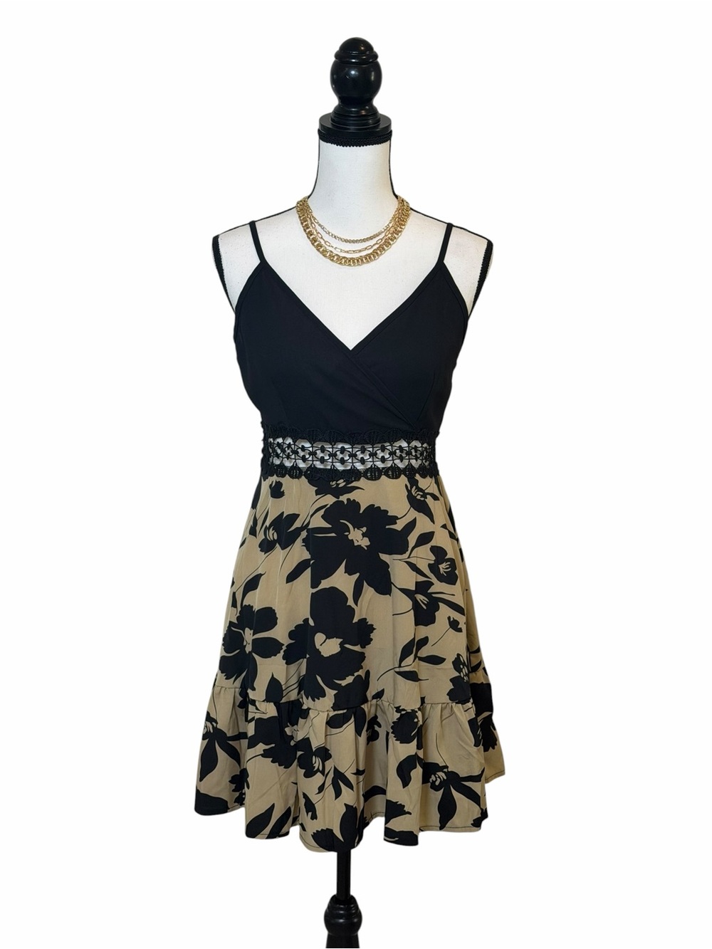 Sleeveless Black & Tan Floral Waist-Detail Spaghetti Strap Dress- Medium